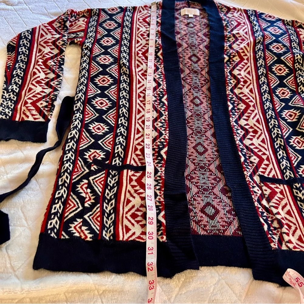 Under Skies Aztec Tribal Dark Red Navy Blue Belted Open Cardigan Size L Boho - Picture 6 of 9